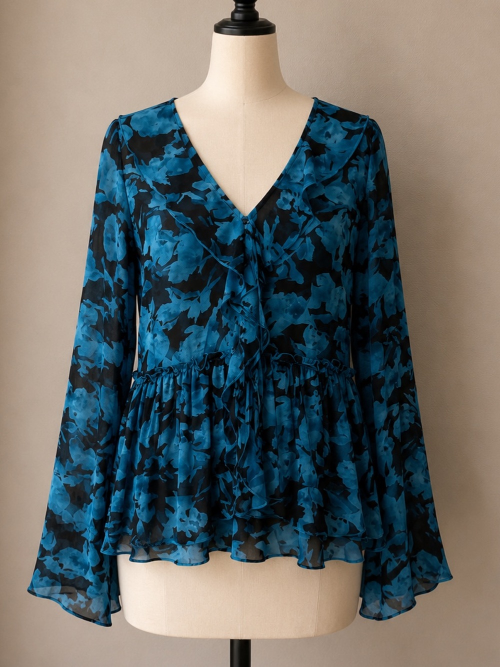 INC International Concepts Teal Blue Floral V-Neck Peplum Blouse